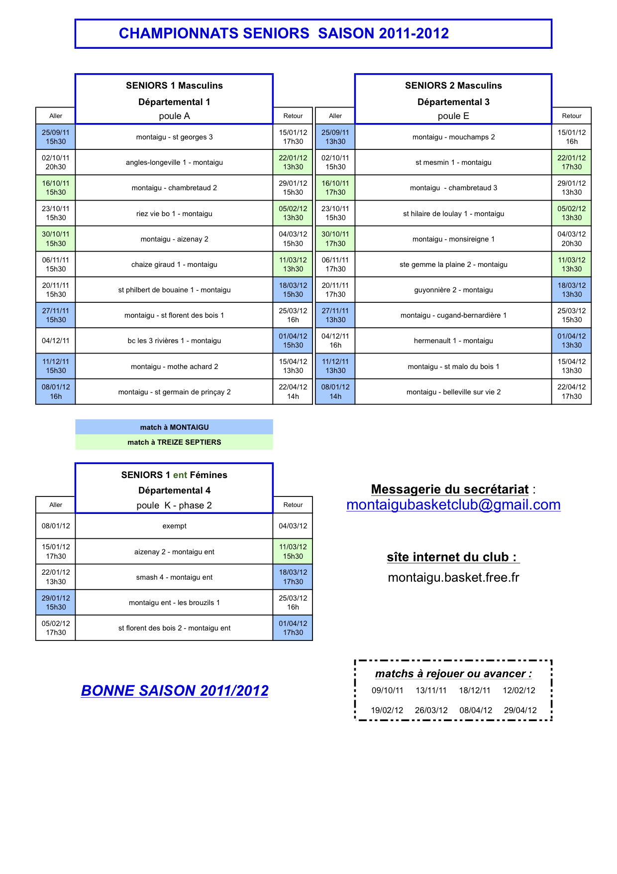 Calendrier championnat séniors